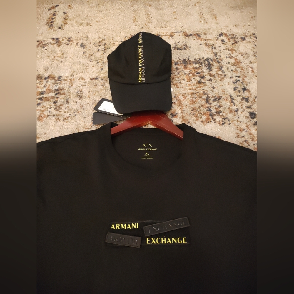 Armani Exchange Black T-Shirt With Armani Velcro Logo &With Hat To Match!Hat NWT